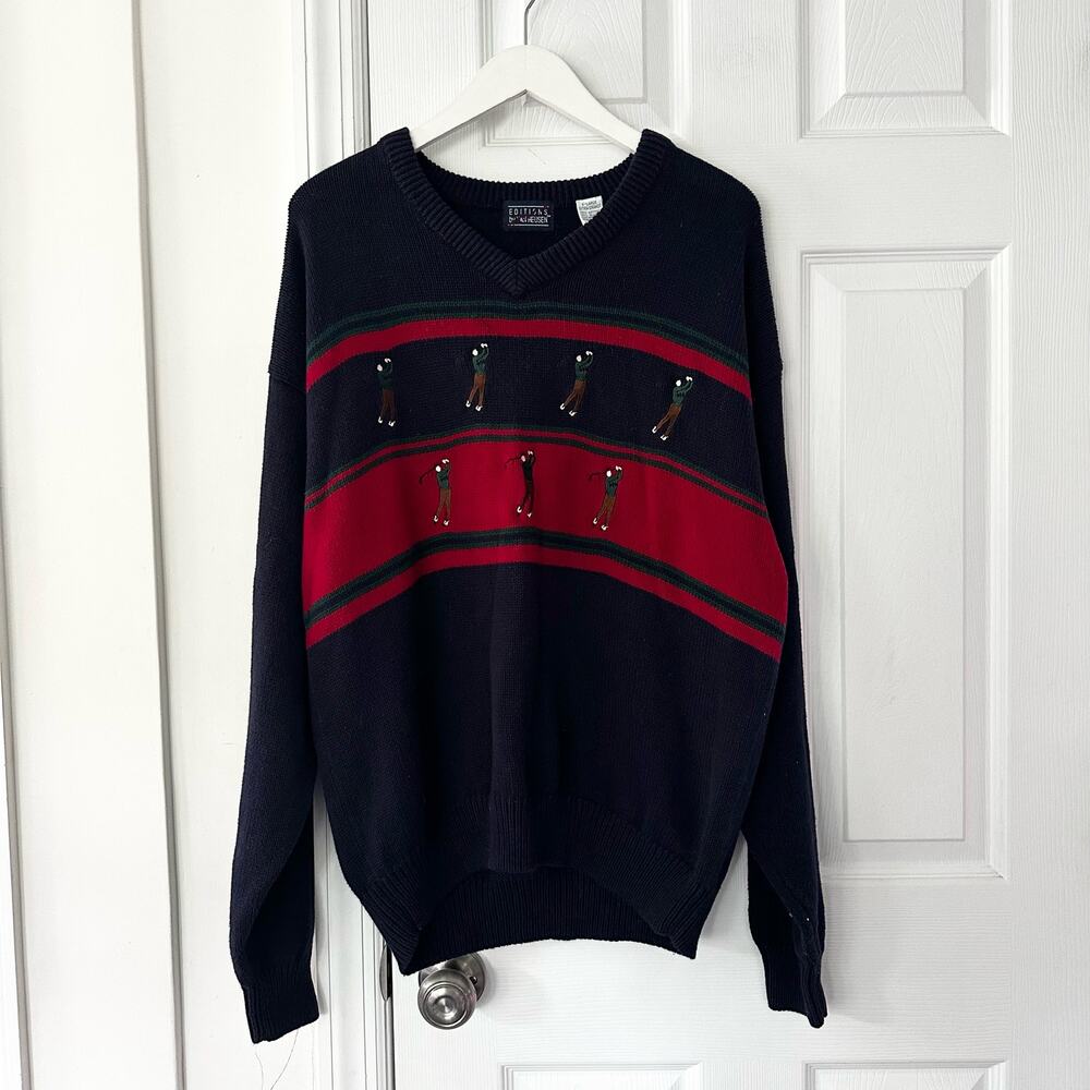 Editions Van Heusen Irregulars Navy Blue Swinging Golf Novelty V Neck Sweater XL